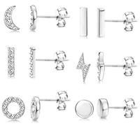 Dochais 6 Pairs Sterling Silver Stud Earrings for Women Men,14K Gold Plated Small Stud Earrings, Hypoallergenic Tiny Lightning Bolt Bar Circle CZ Stud Earrings Set, Plata, Cubic Zirconia