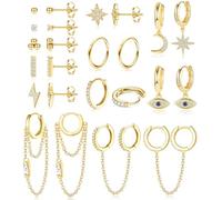 Dochais Juego de 12 pares de aretes de oro para mujer, acero inoxidable, mini estrella y luna, hipoalergénicos, cadena de oro, aretes de aro de circonita