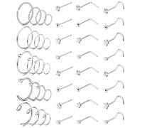 Dochais Set 44 Piezas Piercing Nariz Acero Inoxidable, Forma de L, Hipoalergénico, Perno para Mujeres y Hombres 20G