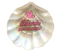 DOCOLASTRA Concha de Bautismo en cristal nacarado,Personalizada a color.Opción de Pañuelo o Bolsa de Bautizo.