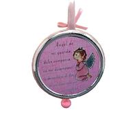DOCOLASTRA Medallon de cuna o cochecito Personalizado en Rosa y pintado a mano a colores en Plata bilaminada de Ángel de la Guarda con inscripción de preciosa oración y CASCABEL. En Español