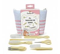 Doctor B - Kit de cuidado del bebé con 7 elementos esenciales | Cortauñas, tijeras seguras, cepillo, peine, lima, pinza nasal | Desde el nacimiento | Kit de aseo portátil | Bolsa a rayas incluida