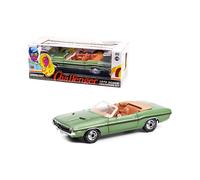 Dodge Challenger R/T Convertible F8 de 1970, verde metalizado con franjas negras y cubiertas de ruedas de lujo, modelo de coche fundido a presi n