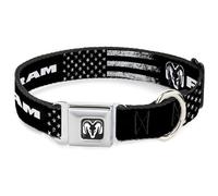 Dodge Pet Collar, Collar de Perro, Hebilla de cinturón de Seguridad de Metal, Texto Ram y Logotipo Americana Desgastado Negro y Blanco, 9.5 a 13 Pulgadas, 1.0 Pulgadas de Ancho