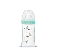 Dodie Initiation+ - Biberón, anticólicos, de vidrio, 270 ml, de 0 a 6 meses de edad, con tetina redonda y flujo 2, de pájaro, verde