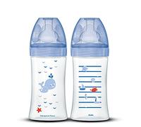 Dodie Sensation+ - Biberón, anticólicos, 270 ml, lote de 2 unidades, con tetina plana y flujo 2, sin bisfenol A, de 0 a 6 meses de edad, de mar, azul