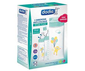Dodie Sensation+ - Biberón, anticólicos, 330 ml, lote de 2 unidades, con tetina plana y flujo 3, sin bisfenol A, a partir de 6 meses de edad, de aire, Verde y Azul Aire