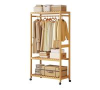 DODOBD Armario Abierto con Ruedas,Perchero Burro Ropa Madera Resistente,Perchero Bambu,Burro Madera con Zapatero,Perchero de Pie con 2 Estantes,Fácil Ensamblar,para Dormitorio Salon