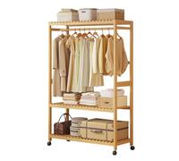 DODOBD Armario Abierto con Ruedas,Perchero Burro Ropa Madera Resistente,Perchero Bambu,Burro Madera con Zapatero,Perchero de Pie con 2 Estantes,Fácil Ensamblar,para Dormitorio Salon