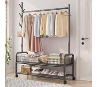 DODOBD Perchero Metálico Multifuncional con Ruedas,Cesta de Almacenamiento,Estantes,Zapatero,Colgador de Ropa Perchero Burro Ropa para Pasillos Tiendas Dormitorios Y Oficinas,90/120 CM