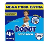 Dodot Bebé Seco Extra Absorción Talla 4+ (10-15 kg) Pack Ahorro 124 Pañales | Protección Nocturna | Hasta 12h Seco | Barreras Antifugas | Ajuste Cómodo para el Bebé