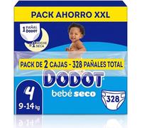 Dodot Bebé-Seco Pañales Talla 4, 9-14 kg, Pack de 328 Unidades, Protección Antifugas, 2 Cajas