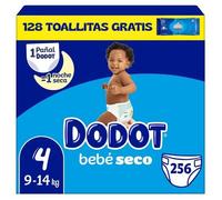 Dodot Bebé Seco Talla 4 (9-14 kg) 256 Pañales + 128 Toallitas Dodot Dermo GRATIS | Mega Pack Ahorro, Máxima Absorción