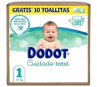 Dodot Pañales Bebé Cuidado Total, Talla 1 (2-5 kg), 105 Pañales + Regalo de 10 Toallitas Aqua Pure 99% Agua, Protección Delicada De La Piel, Pack Mensual