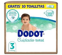 Dodot Pañales Bebé Cuidado Total, Talla 3 (6-10 kg), 132 Pañales +Regalo de 10 Toallitas Aqua Pure 99% Agua, Protección Delicada De La Piel, Pack Mensual