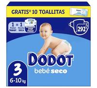 Dodot Pañales Bebé-Seco, Talla 3 (6-10 kg), 292 Pañales + Regalo de 1 Pack de 10 Toallitas Aqua Pure 99% Agua, Una Noche Hasta Un 100% Libre De Fugas, Pack mensual