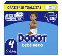 Dodot Pañales Bebé-Seco, Talla 4 (9-14 kg), 256 Pañales + Regalo de 1 Pack de 10 Toallitas Aqua Pure 99% Agua, Una Noche Hasta Un 100% Libre De Fugas, Pack mensual