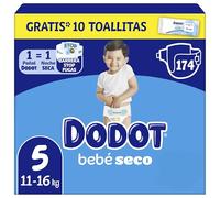 Dodot Pañales Bebé-Seco, Talla 5 (11-16 kg), 174 Pañales + Regalo de 1 Pack de 10 Toallitas Aqua Pure 99% Agua,Una Noche Hasta Un 100% Libre De Fugas, Pack mensual