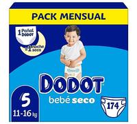 Dodot Pañales Bebé-Seco, Talla 5 (11-16 kg), 174 Pañales + Regalo de 1 Pack de 10 Toallitas Aqua Pure 99% Agua,Una Noche Hasta Un 100% Libre De Fugas, Pack mensual