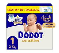 Dodot Pañales Bebé Sensitive Talla 1 (2-5 kg), 172 Pañales + 1 Pack de 40 Toallitas Gratis de Aqua Plastic Free, Nº1 en Protección de la Piel de Dodot, Pack Mensual