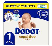Dodot Pañales Bebé Sensitive, Talla 1 (2-5 kg), 174 Pañales + Regalo de 40 Toallitas Aqua Pure 99% Agua, Hasta 12 h De Protección Antifugas y Cuidado de la Piel, Pack Mensual