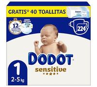 Dodot Pañales Bebé Sensitive, Talla 1 (2-5 kg), 224 Pañales + Regalo de 40 Toallitas Aqua Pure 99% Agua, Hasta 12 h De Protección Antifugas y Cuidado de la Piel, Pack Mensual