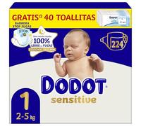 Dodot Pañales Bebé Sensitive, Talla 1 (2-5 kg), 224 Pañales + Regalo de 40 Toallitas Aqua Pure 99% Agua, Hasta 12 h De Protección Antifugas y Cuidado de la Piel, Pack Mensual