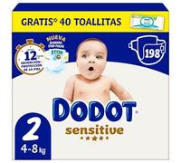 Dodot Pañales Bebé Sensitive, Talla 2 (4-8 kg), 198 Pañales + Regalo de 40 Toallitas Aqua Pure 99% Agua, Hasta 12 h De Protección Antifugas y Cuidado de la Piel, Pack Mensual