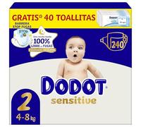 Dodot Pañales Bebé Sensitive, Talla 2 (4-8 kg), 240 Pañales + Regalo de 40 Toallitas Aqua Pure 99% Agua, Hasta 12 h De Protección Antifugas y Cuidado de la Piel, Pack Mensual