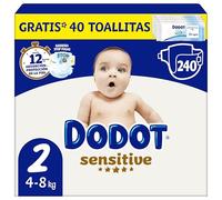 Dodot Pañales Bebé Sensitive, Talla 2 (4-8 kg), 240 Pañales + Regalo de 40 Toallitas Aqua Pure 99% Agua, Hasta 12 h De Protección Antifugas y Cuidado de la Piel, Pack Mensual