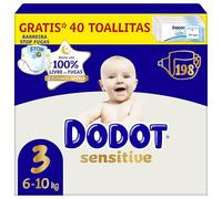 Dodot Pañales Bebé Sensitive Talla 3 (6-10 kg), 198 Pañales + 1 Pack de 40 Toallitas Gratis Cuidado Total Aqua, Absorción y Protección de la Piel de Dodot