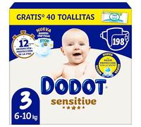 Dodot Pañales Bebé Sensitive, Talla 3 (6-10 kg), 198 Pañales + Regalo de 40 Toallitas Aqua Pure 99% Agua, Hasta 12 h De Protección Antifugas y Cuidado de la Piel, Pack Mensual
