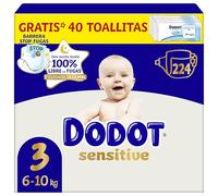 Dodot Pañales Bebé Sensitive, Talla 3 (6-10 kg), 224 Pañales + Regalo de 40 Toallitas Aqua Pure 99% Agua, Hasta 12 h De Protección Antifugas y Cuidado de la Piel, Pack Mensual