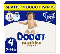 Dodot Pañales Bebé Sensitive, Talla 4 (9-14 kg), 192 Pañales + 4 Pants de Regalo, Hasta 12 h De Protección Antifugas y Cuidado de la Piel, Pack Mensual