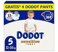 Dodot Pañales Bebé Sensitive, Talla 5 (11-16 kg), 168 Pañales + 4 Pants de Regalo, Hasta 12 h De Protección Antifugas y Cuidado de la Piel, Pack Mensual