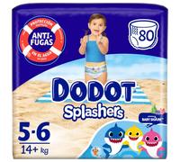 DODOT Splashers Baby Shark Talla 5-6, 80 Pañales Bebé Bañadores Desechables, 14kg+, Protección Anti-fugas En El Agua
