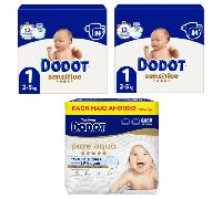 Dodot Pañales Sensitive Jumbo Pack T1 2x84 uds + Toallitas Aqua Touch 288 uds