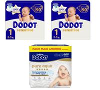 Dodot Pañales Sensitive Jumbo Pack T1 2x90 uds + Toallitas Aqua Touch 288 uds