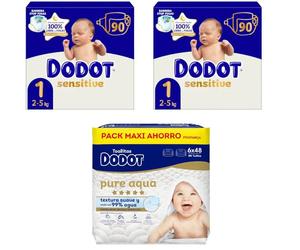 Dodot Pañales Sensitive Jumbo Pack T1 2x90 uds + Toallitas Aqua Touch 288 uds