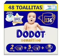 Dodot Sensitive Kit Recién Nacido Pañales + toallitas, 58 Pañales de la Talla 2 + 78 Pañales de la Talla 3 + 48 Toallitas Pure Aqua para Bebe, 99% Agua
