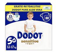 DODOT Sensitive Pañales Extra Absorción, 12-17 kg, Talla 5+, 88 Unidades, 12 Horas de Protección, con Barrera Stop Fugas +regalo 46 toallitas Dodot Pure Aloe Vera