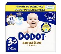 Dodot Sensitive Pañales Talla 3+, 168 Unidades, 7-11 kg, Extra Absorción con Barreras Anti-Fugas, 12 Horas de Protección, Material Ultra Suave, Indicador de Humedad