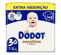 Dodot Sensitive Pañales Talla 3+, 168 Unidades, 7-11 kg, Extra Absorción con Barreras Anti-Fugas, 12 Horas de Protección, Material Ultra Suave, Indicador de Humedad
