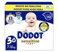 Dodot sensitive pañales talla 3+,extra absorción,7 a 11 kg,caja 112 unidades +regalo 46 toallitas Dodot Pure Aloe Vera
