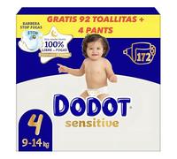 DODOT Sensitive Pañales Talla 4, 9-14 kg, 172 Unidades, 12 Horas Absorción, Barrera Stop Fugas + regalo 92 toallitas y 4 pants