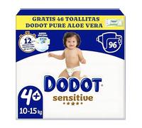 Dodot Sensitive Pañales Talla 4+ Extra Absorción, 10-15 kg, 96 Unidades, Barreras Stop Fugas, 12 Horas de Protección, Materiales Ultra Suaves +regalo 46 toallitas pure aloe vera