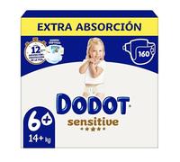 Dodot Sensitive Pañales, Talla 6 +, Extra Absorción, 160 Unidades, Para Bebés 14+ kg, 12 Horas de Protección, Con Barreras Antifugas y Materiales Ultra Suaves