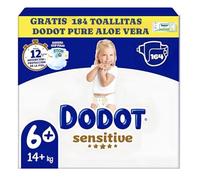 Dodot Sensitive Pañales, Talla 6 +, Extra Absorción, 164 Unidades, Para Bebés 14+ kg, 12 Horas de Protección, Con Barreras Antifugas y Materiales Ultra Suaves + regalo 184 toallitas pure aloe vera