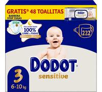Dodot Sensitive T 3, 6-10 kg, 222 Pañales + 48 Toallitas Pure Aqua
