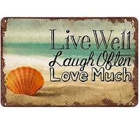 Dodurou Cartel de metal vintage con texto en inglés "Live Well Laugh Offten Love Much Beach Shell", pintura de hierro, decoración de pared retro, arte nostálgico de pared para el hogar, cocina